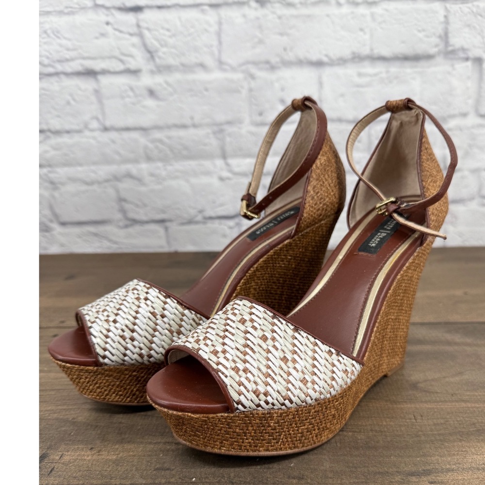 White House Black Market Raffia Wedge Heels Womens 7.5 Brown White Sandals Boho‎